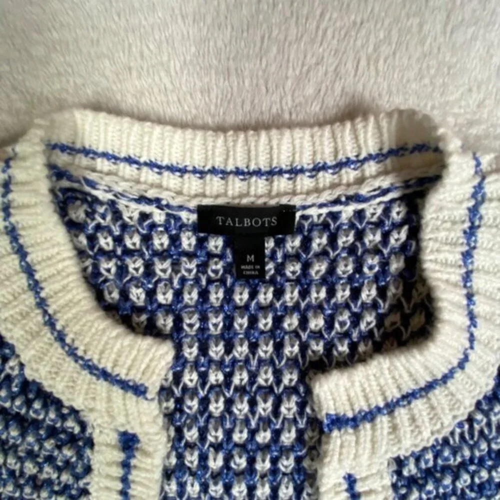 Talbots Womens Blue & Cream Striped Knit Cardigan Sweater With Fringe Hem Size M